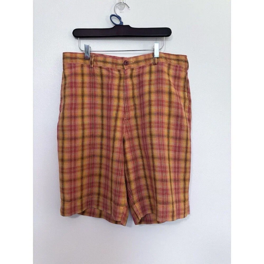 Tommy Bahama Relax Orange Plaid 100% Linen Flat Front Shorts Size 35